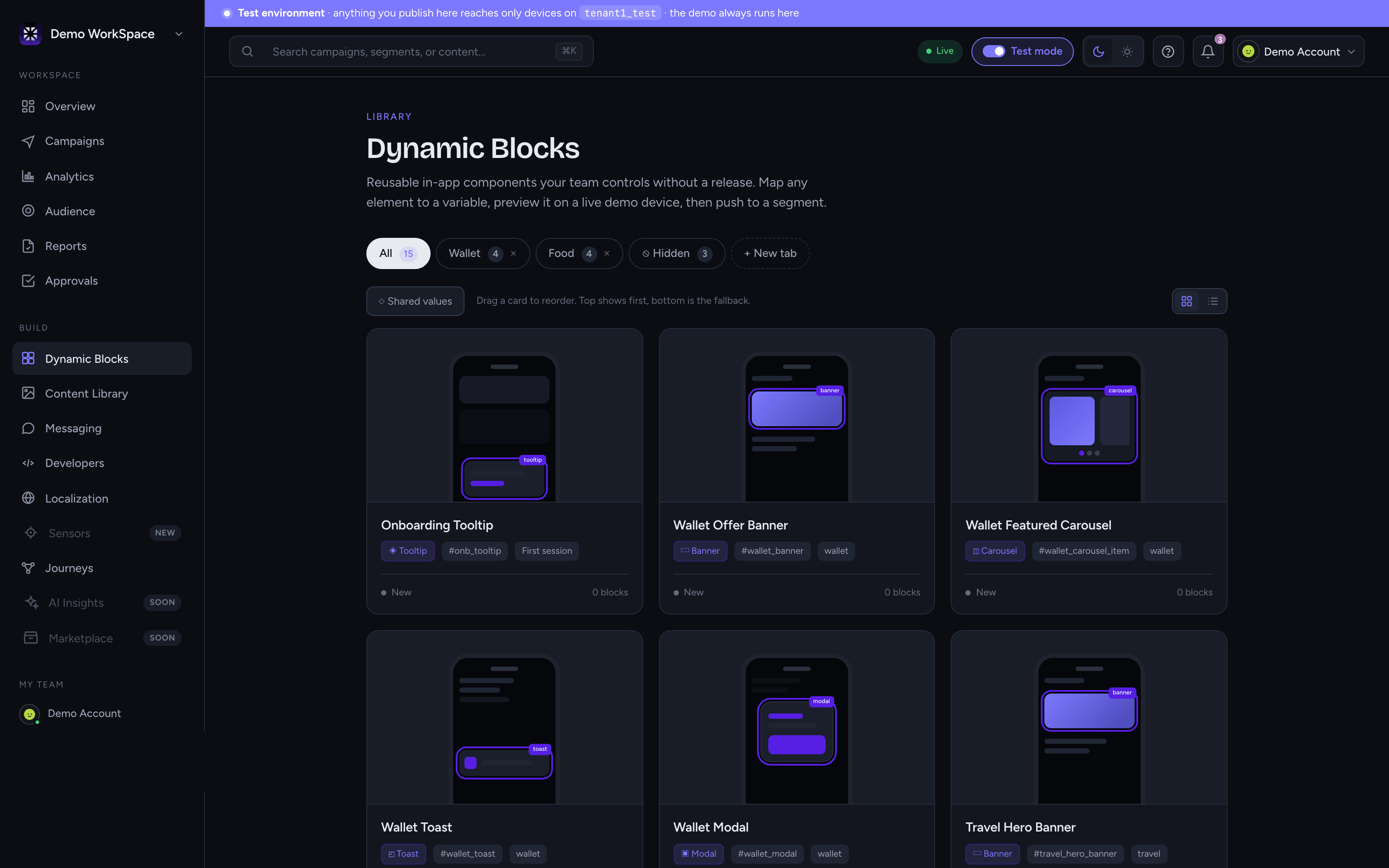 The Dynamic Blocks library in ContentFlow, showing block types, their tags and publish state.